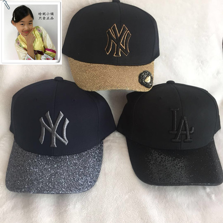 韩国MLB棒球帽NY洋基队鸭舌帽子黑色金闪...