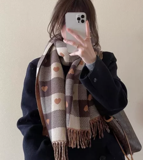 双面咖色棕色格子围巾女生冬季韩版高级感加厚...