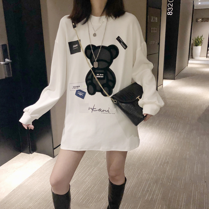 春秋白色打底衫女秋冬洋气宽松中长款欧货大版...