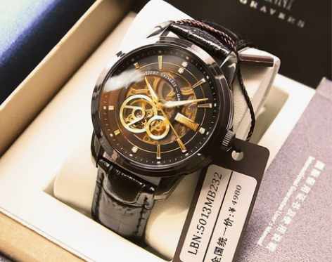 罗宾尼黑色陀飞轮大表盘全自动机械手表男表镂...