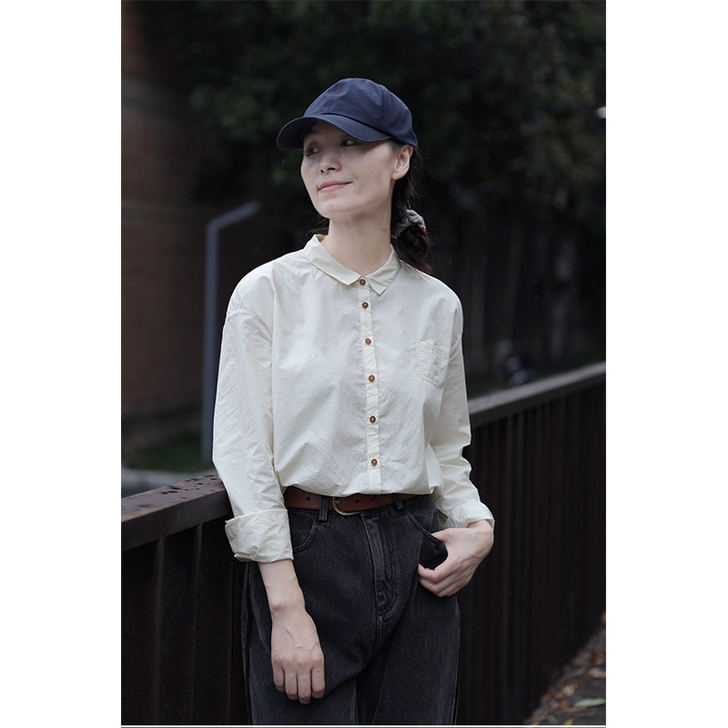 2021秋新 文艺学院风白色高密棉翻领长袖...