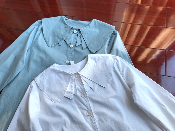 韩国可爱花瓣领设计感百搭学院风长袖衬衣白色...