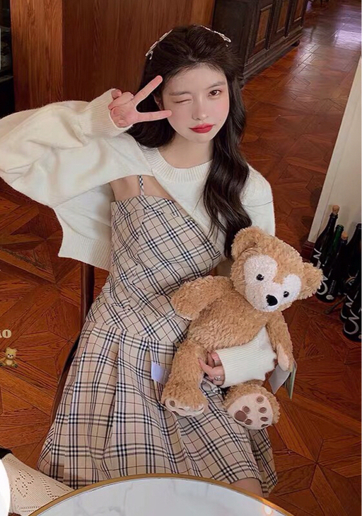 范智乔【校园日记】90S俏皮学院风格纹吊带...