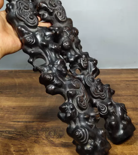 旧藏老黑檀木纯手工雕刻《福壽双全》书房镇尺...
