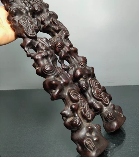 旧藏老黑檀木纯手工雕刻灵芝松枝《寿比南山不...