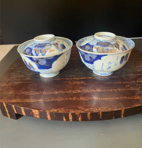 日本  柴烧 老肥前盖碗 地包天 手绘青花...