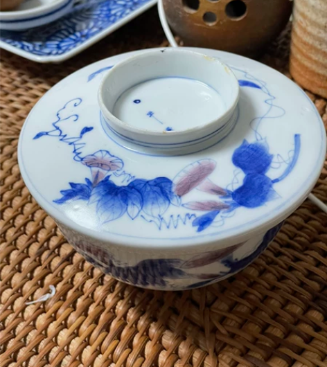 日本 平安原平 老柴烧青花釉里红盖碗  带...