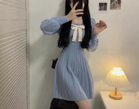 法式温柔裙子女秋冬奶甜裙加厚针织毛衣裙小个...