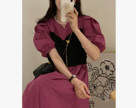 ?韩国chic法式复古圆领撞色拼接假两件系...