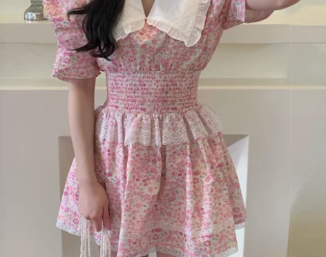 韩国chic夏季新款法式立体泡泡袖甜美碎花...