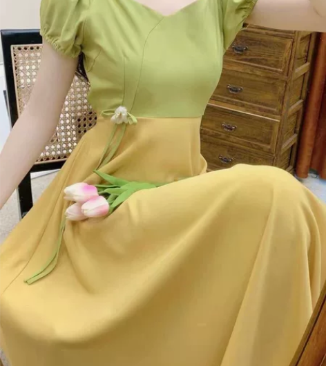 全新 法式少女复古浪漫黄绿撞色连衣裙女20...