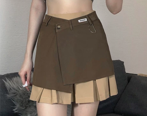 设计感两件套裙女高腰显瘦学生百褶裙不规则拼...