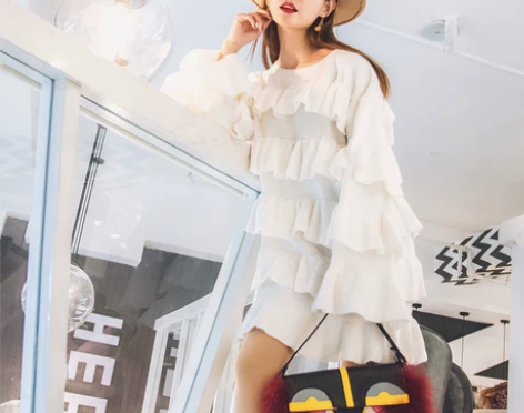 秋冬白色蛋糕裙多层次毛衣裙荷叶边喇叭袖针织...