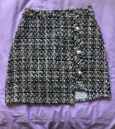 小香风半身裙粗花呢杏色毛呢半裙不规则短裙高...