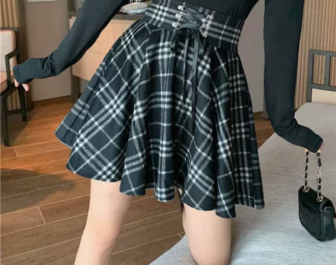 格子毛呢半身裙秋冬季高腰A字裙韩版显瘦蓬蓬...