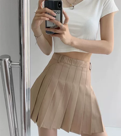 少女西装料百褶裙防走光高腰A字半身裙ins...