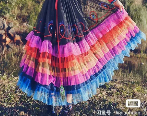 两人故事复古民族风女装百褶蛋糕裙半身裙 颜...