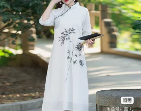 1春夏复古棉麻手绘中国风水墨仙气白斜襟… ...