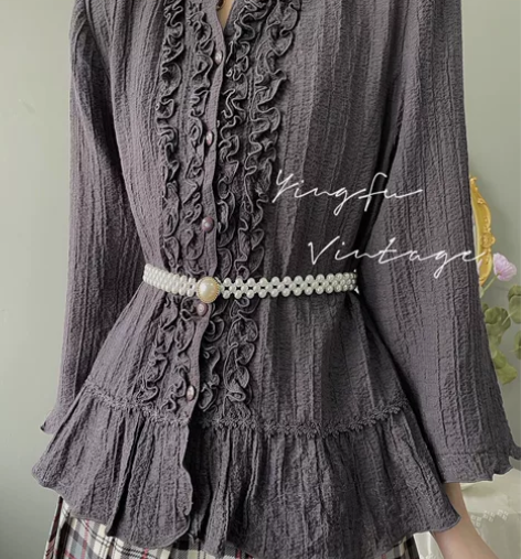 借饮衫GZvintage 深灰色木耳边复古...