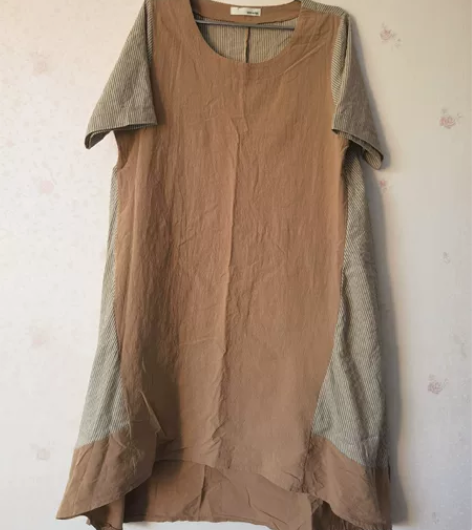 全新仅水洗，日单短袖拼接条纹连衣裙，正面焦...