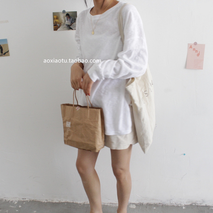 秋季薄款黑白纯色棉麻t恤女长袖 开叉奶茶色...