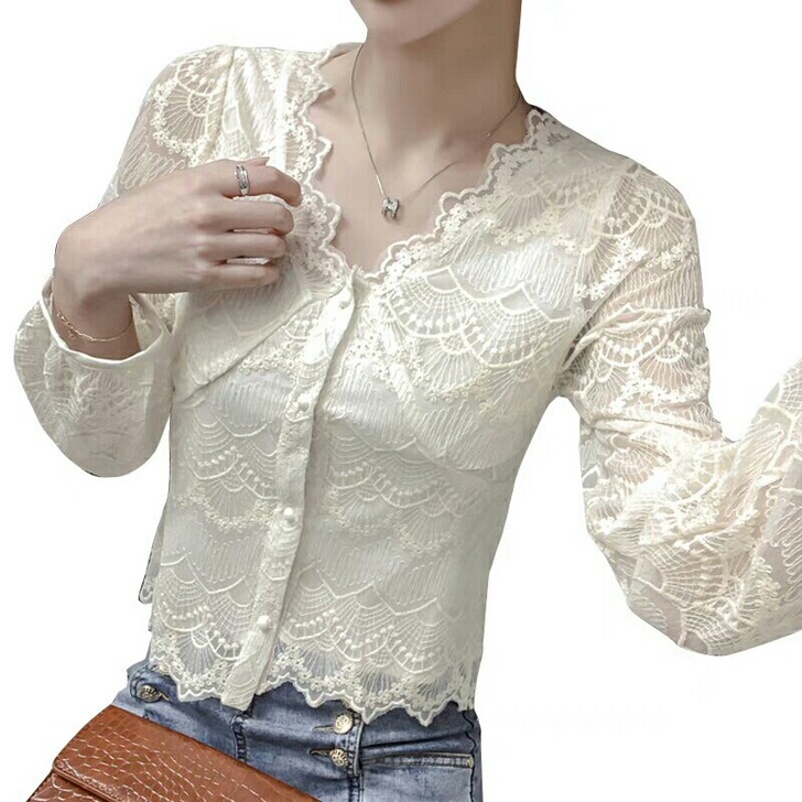 新款法式设计感小众洋气泡泡袖上衣镂空V领蕾...