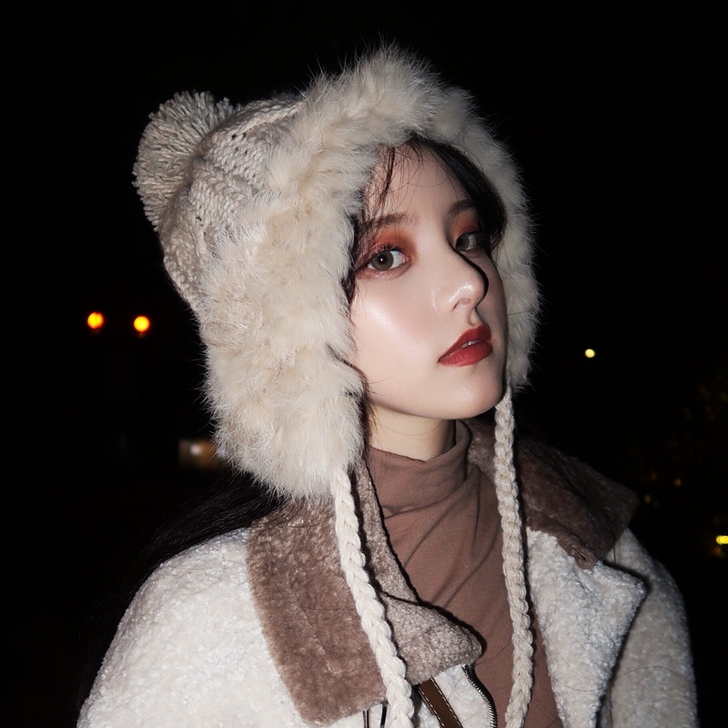 显脸小帽子女秋冬雷锋帽韩版潮百搭加绒兔毛护...