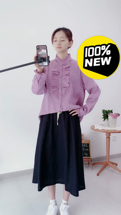 凤凰眉 全亚麻 浪漫花边 复古翻领长袖衬...