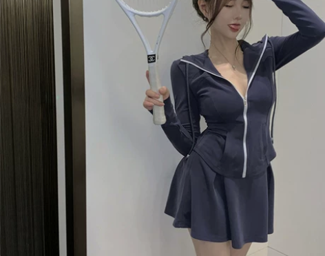 休闲网球纯欲运动风连帽拉链开衫外套半身短裙...