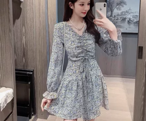 长袖v领套头中长款中长裙休闲碎花连衣裙女装...