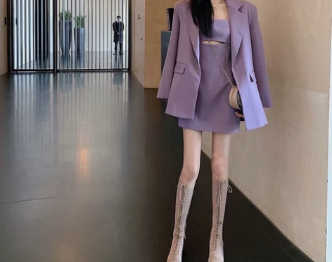 秋季轻熟风紫色吊带连衣裙小众职业西装两件套...