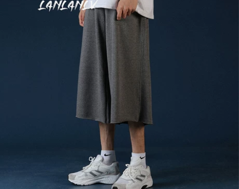 ?毛边短裤男运动宽松阔腿直筒七分裤潮牌in...