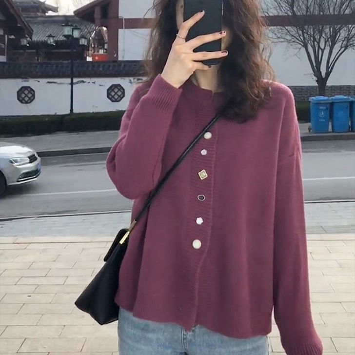 2021新款早春紫色针织开衫女浣熊绒外搭毛...