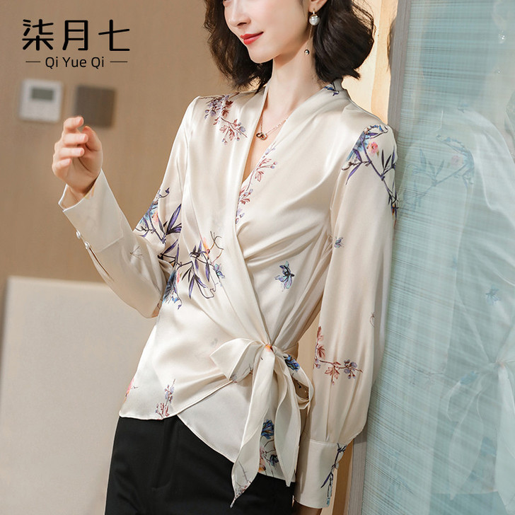 重磅白色真丝衬衫女士长袖上衣复古气质交叉V...