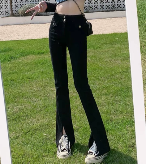 开叉牛仔裤喇叭裤黑色牛仔裤 全新，xs，闲...