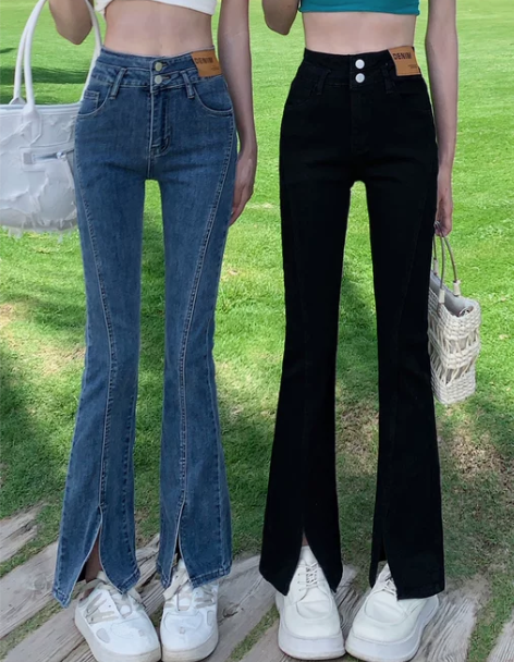 喇叭牛仔裤 牛仔裤喇叭裤高腰开叉黑色女弹力...