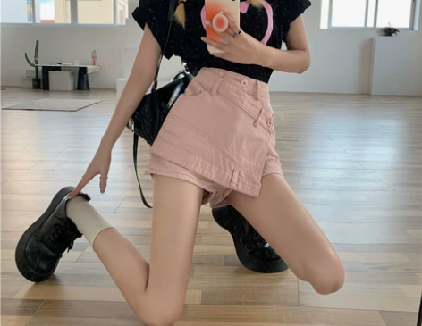 粉色高腰牛仔短裤夏季a字半身裙子显瘦直筒阔...