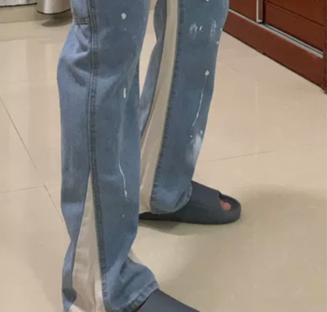 欧美高街泼墨喇叭vibe风松紧牛仔裤男 蓝...