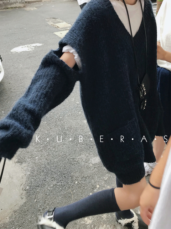 v领破洞打底毛衣女中长款宽松慵懒风2021...