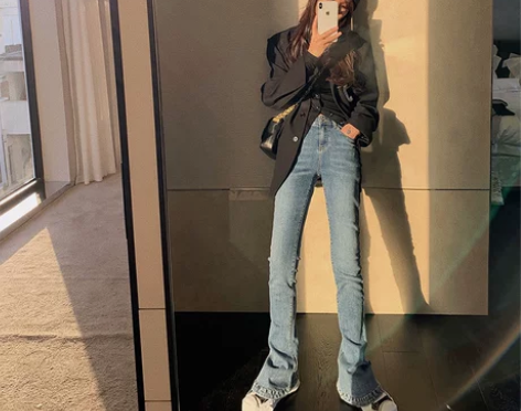 2022春夏韩版新款复古马蹄裤女高腰显瘦修...