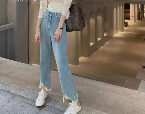 高腰牛仔裤女夏天薄款大码胖mm小众设计感毛...