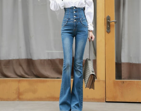 超高腰排扣微喇牛仔裤女复古垂感长裤修身个性...