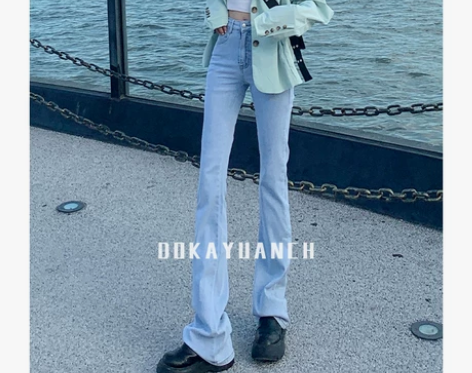 浅蓝色微喇牛仔裤女2022年早春韩系辣妹修...