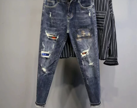 九分破洞牛仔裤男生春季夏季复古乞丐裤男士韩...