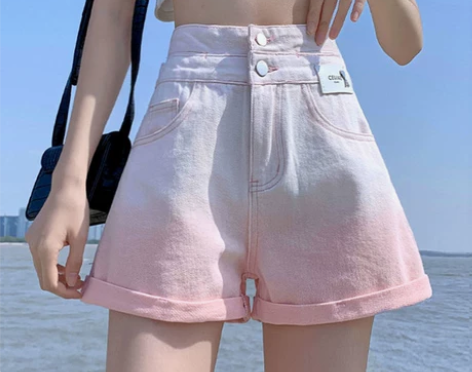 夏季新款粉色牛仔短裤女超高腰时尚宽松显瘦扎...