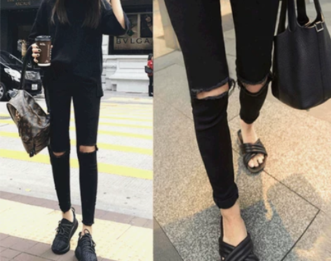 2021春夏新款黑色膝盖破洞烂牛仔裤女乞丐...