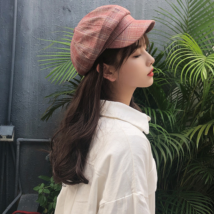 四季都可戴的日系洋气格子贝雷帽子女秋冬软妹...