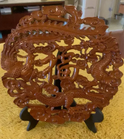 桃木龙凤木雕摆件福字看盘龙凤呈祥镜 工艺品...