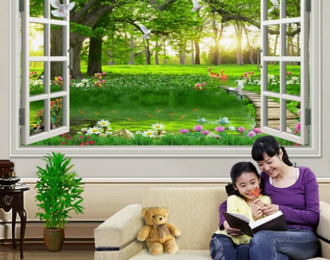 假窗户风景画沙发背景墙贴装饰画客厅房间温馨...