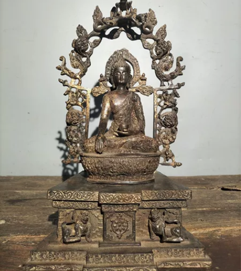 旧藏纯铜泥金佛像 释迦牟尼佛三体佛一尊  ...